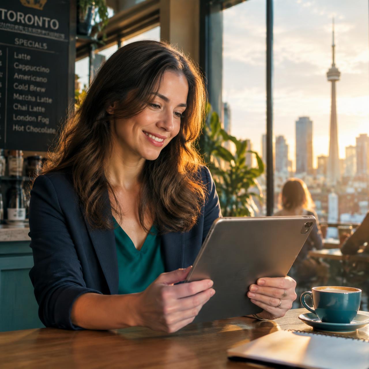 Ontario business owner reviewing insurance options on a tablet